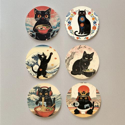 Coasters with Holder Set of 6, Japanese Ninja Cat Absorbent Cork Coaster Anime for Cup Desk Office Table Kitchen Decor House Warming Gifts for New Home Couples, Round 4" - color: Cat002