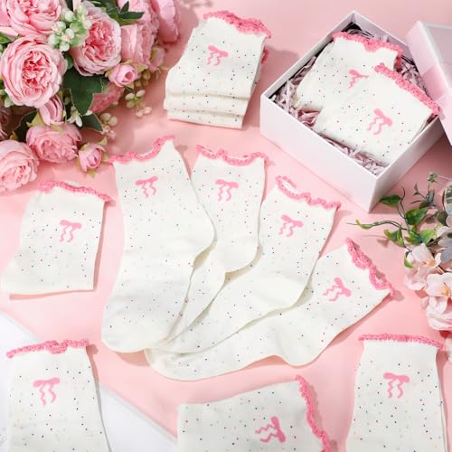 Chicingyou 10 Pairs Women Ruffle Socks Coquette Girly Frilly Cotton Crew Sock Bow Animal Heart Breathable Ankle Socks - color: Pink, style: Coquette Bow