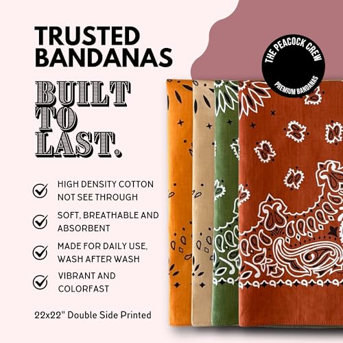 The Peacock Crew Premium Soft Cotton Bandanas Pack for Men and Women Paisley 22 x 22 inches - color: Pack of 4 Earthy Essentials