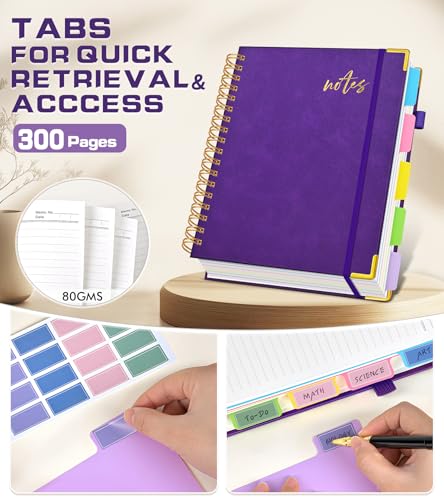 Hardcover Spiral Notebook Journal 8.5" x 11" Leather 5 Subject Notebook with Removable Dividers Tabs, 300 Pages Organizer Notebooks for Work School, College Ruled, Large Lined Journal for Women,Purple - color: Deep Purple, size: A4