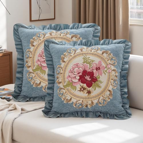 Set of 2 Lake Blue Throw Pillows Covers 18x18in for Sofa Couch,Blue Vintage Pillow Covers for Living Room,Spring Floral Embroidered Cushion Cover for Bed Chairs Car - color: Light Blue