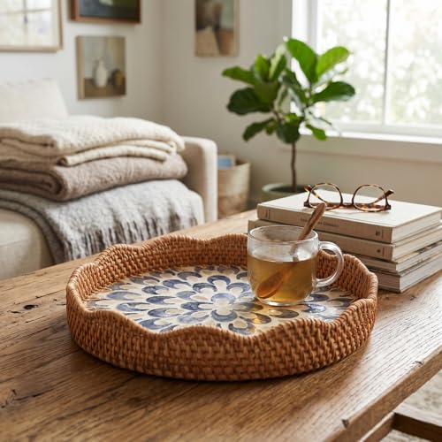 12 Inch Round Rattan Tray Mother of Pearl Inlay, Feather Style - style: Feather Style