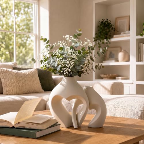 White Ceramic Flower Vase Home Table Decor Heart Shaped Vase Set of 2 - color: Pearl White