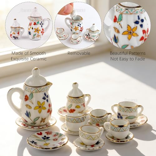 AUEAR, 15 Pack Miniature Ware Porcelain Tea Set 1:12 Miniatur Dish Cup Plate Classic Kitchen Accessories(Gold Leaf Pattern)