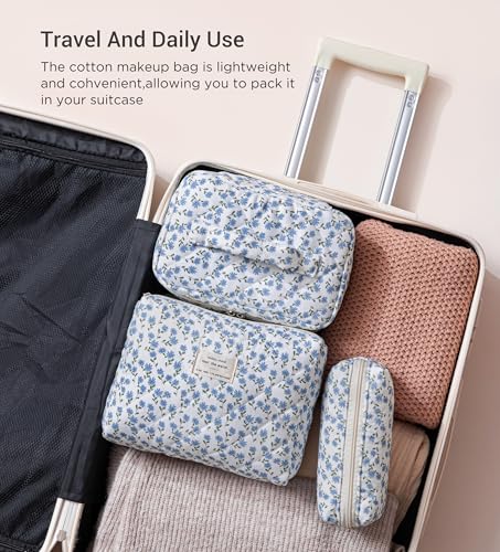 HBselect Quilted Makeup Bag, 3Pcs Cotton Large Travel Makeup Bags Organizer - color: A-3PCS-Floral 24