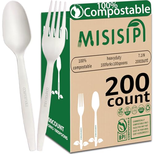 MISISIPI [7In 200Pcs] 100% Compostable Forks and Spoons Utensils Cutlery Silverware Heavyduty Eco-friendly Disposable Plastic free Forks and Spoons Utensils Cutlery Silverware for Party BBQ Lounge - style: Forks Spoons-200
