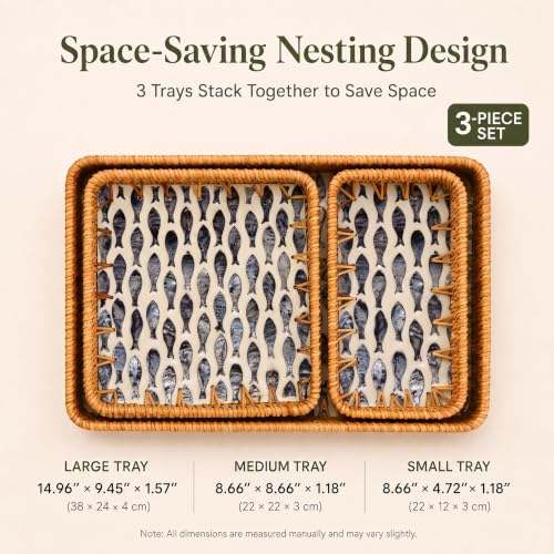 Handwoven Rattan Tray Set of 3 with Mother of Pearl Black Fish Inlay - color: Black Fish