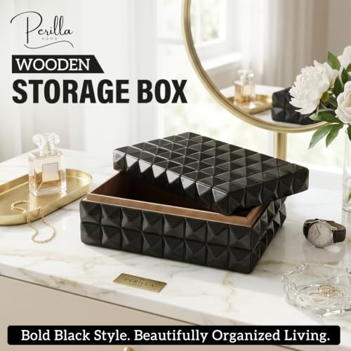 Perilla Home Large Decorative Storage Box – 8" x 5" x 3" – Black MDF with Madison Black Resin Finish – Wooden Keepsake Chest for Blankets, Crafts & Home Organization - color: Black