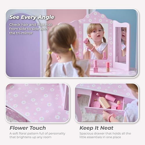 Teamson Kids Daisy Gisele Wood Play Vanity Set, Pink, Ages 3+ - color: Pink