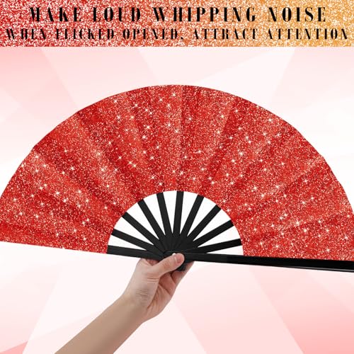 Maitys 2 Pack Foldable Fans for Rave Dancing,Red,Glitter Pattern - color: Red, style: Glitter Pattern