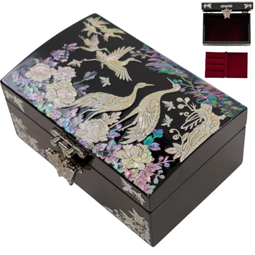 February Mountain Mother of Pearl Jewelry Box – Christmas, Birthday, Valentine’s Day & Mother’s Day Gift for Women, Wedding Keepsake, Elegant Holiday Stocking Stuffer (Cranes in Bloom) - color: Cranes in Bloom