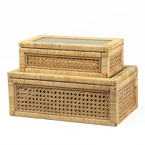 Rattan Display Box for Home Decor with Lid - Rectangular Coastal Bohemian Style Stackable Decorative Storage Box Set - Handmade from Natural Rattan, Cedar & Real Glass