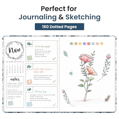 Taja Pretty Dotted Journal for Women, Aesthetic Hardcover Leather Journal - color: L-Blue Floral, size: B-Dotted