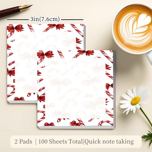 Sticky Notes 3x3 Inches, Cute Self-Stick Note Pads, Funny Memo Pads, Easy to Post Sticky Notes for Office, Home & Notebook Red Candy Cane Bows - color: Red Candy Cane Bows