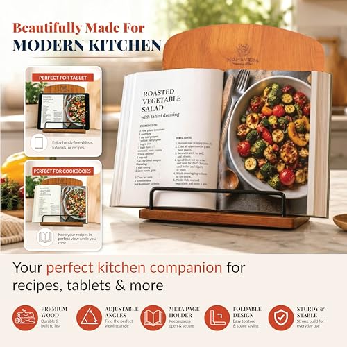 Wooden Cookbook Stand for Kitchen Counter, Recipe Book Holder