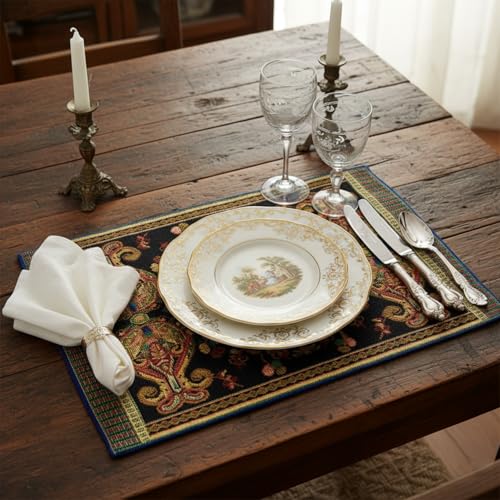 Tache Set of 4 Black & Green Tapestry Placemats – Woven Floral Paisley Medallion, Rococo Baroque Style – Cotton Linen Cloth Table Mats for Dining, Kitchen & Holiday Decor (13" x 19")