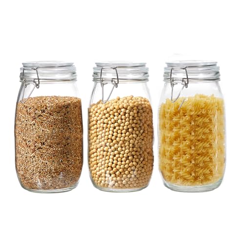 3 Pack 51oz Food Storage Jars with Airtight Lids, Preserving Seal Wire Clip Fastening Glass Containers, Canisters for Kitchen Organization, Flour, Cereal, Pasta, Sugar, Beans, Pickling Jars(51 Oz*3) - size: 51 Oz*3