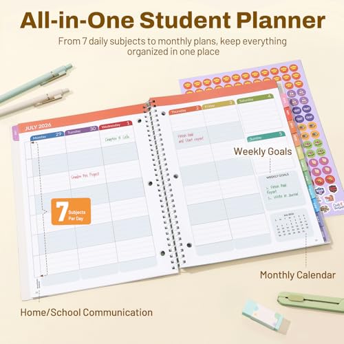 Student Planner 2026-2027, SUNEE Middle or High School Student Planner for Academic Year Jul. 2026 - Jun. 2027, 8.5"×11" Lesson Plan Book with 3-Hole Punched, Bookmark, Planning Stickers, Pastel Draw - color: Pastel Draw, size: A4 8.5"×11"
