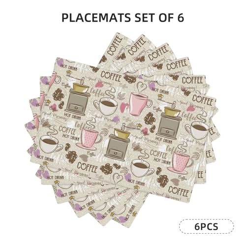 Rustic Coffee Print Placemats Washable Table Placemat Set of 6 - color: Light Gray, size: Set of 6