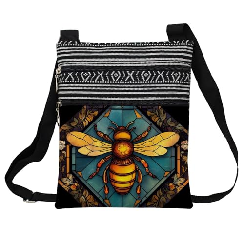 Stained Glass Pattern Crossbody Handbag with Zipper Butterfly World Tree Bee Aesthetic Present for Woman - color: Stained Glass Bee