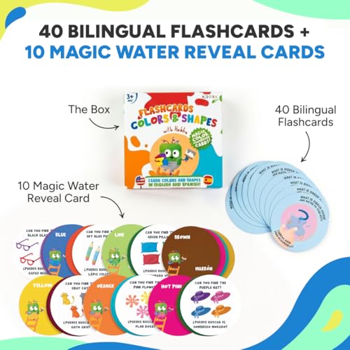 Kidrox Colors & Shapes Flashcards for Toddlers - Learn Colors & Shapes in English & Spanish | 40 Double-Sided Cards + 10 Magic Water Reveal Cards | Bilingual Educational Game for Kids Ages 3+ - color: Colors & Shapes