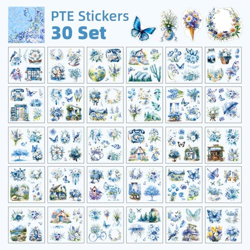 Blue Butterfly Garden Theme Sticker Scrapbooking Supplies for Junk Journal, 30 Sheets PET Stickers - Vintage Journaling Stickers, Ephemera Sticker Book Pre Cut(TZ-005-002) - color: The Blue Wind