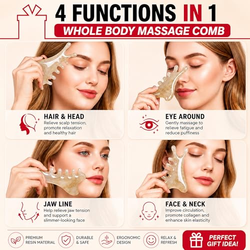 Premium 6 in 1 Head Scalping Massage Tool Comb for Hair|Head|Face|Eye|Neck|Resin Whole Body GuaSha Tool|Vintage Gift Package Relieve Stress Stay Young Home Massage Time-Penny Saver(Grey) - color: Resin Grey