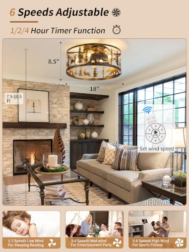 Farmhouse Caged Ceiling Fans with Lights and Remote Control,Rustic Gold Black Chandelier Fan with Bear Deer Design,Vintage Round Fandelier for Bedroom,Dining Room,Nursery - color: Distressed Gold with Black