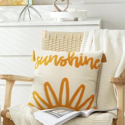 Merrycolor Boho Tufted Decorative Throw Pillow Covers 18x18 with Tassels Sunshine Bohemian Pillow Covers Cushion Covers for Couch Sofa Bedroom Living Room Yellow Beige 1PC - color: Style J, size: 18" x 18" (Pack of 1)