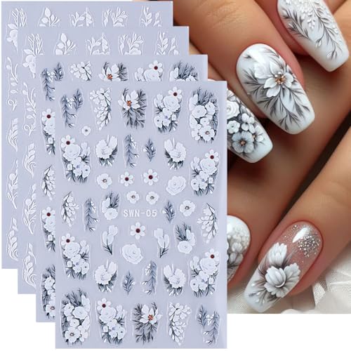 Flower Nail Art Stickers Decals 5D Embossed White Flowers Nail Decals 4PCS Floral Leaf Nails Design Adhesive Flower Stickers for Nails Manicure Accessories for Women Summer Fall Nail Art Decorations - style: style3
