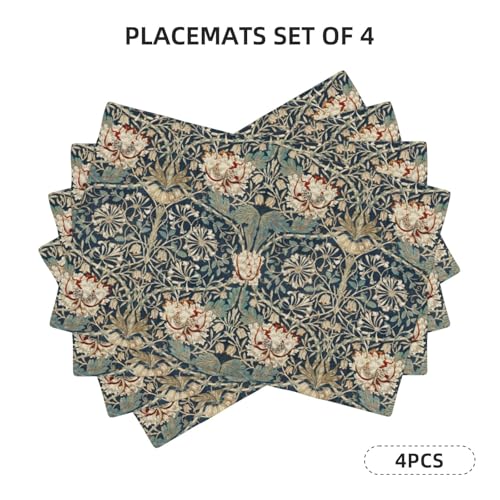 Retro Floral Placemats,Vintage Rustic French William Morris Art Fritillary Floral Table Mats 4 Pcs Non-Slip Heat Resistant Dining Room Tabletop Decor for Seasonal Outdoor Party,12x18 Inch - color: Retro Floral, size: 12x18"Placemats x4