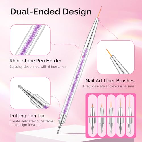 MelodySusie 5 Pcs Nail Art Liner Brushes Dual Dotting Pen Set #5#7#9#11#14 - color: Pink, Black, blue, White, Purple, size: 5