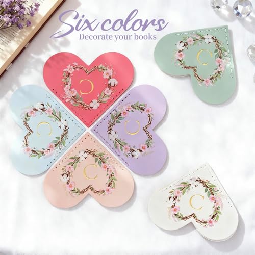 6 Pack Macaron Colorful Bookmarks,Heart Shape Leather Bookmark Set with Floral Initials,Cute UV Printed Design,Bulk Graduation Gifts for Students Teachers Book Lovers,Elegant Thank You Gift (C) - style: C