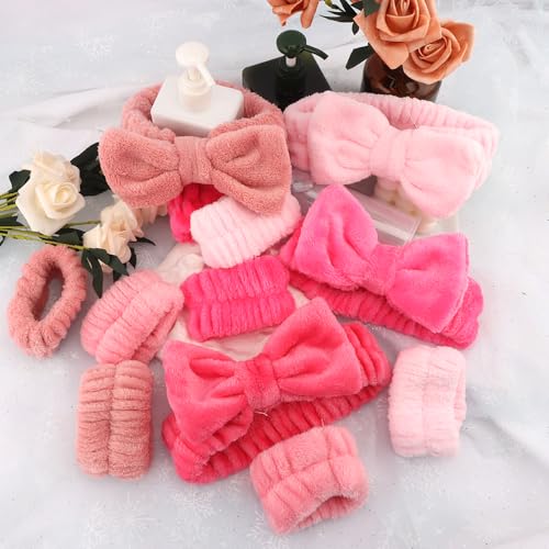 AOPRIE SPA Headbands for Washing Face Makeup Headbands with Bow Hair Band Women Facial Head Band Laurel Wrist Towel Wraps For Shower Face Mask Red Pink, 12 Pack - color: Red Pink