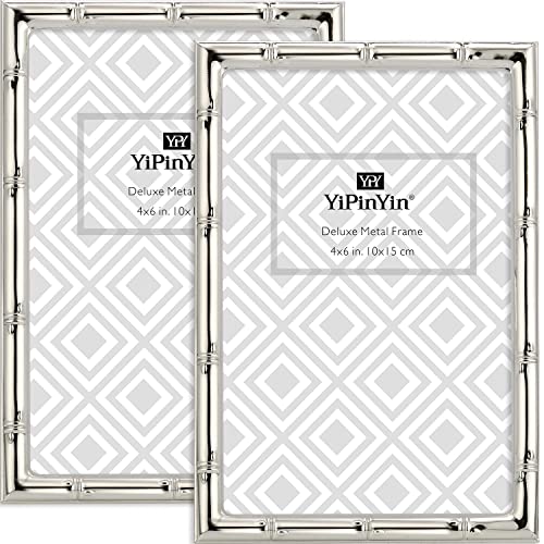 YiPinYin 4x6'' Bamboo Detail Designs Silver Metal Picture Frame 2pack, Elegant Silver Plated Baby Nurse Photo Frames 4x6'' With Soft Touch Velvet Backing for Desktop and Wall Décor - color: Silver, size: 4x6Inch 2PK