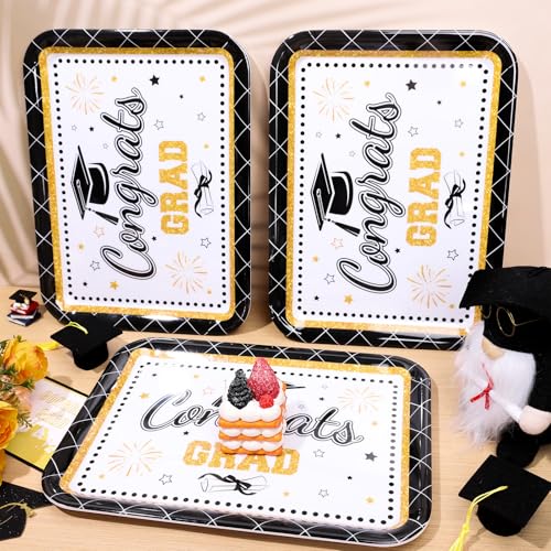 JarThenaAMCS 3Pcs Graduation Serving Trays 13 x 10 Inch Bachelor' s Hat Diploma Glitter Reusable Melamine Platter Congrats 2026 Grad Serving Dishes for Graduate Party Sharing Snacks Fruit Dessert - style: Black Gold Graduation