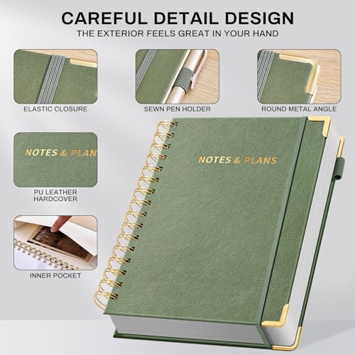 Ovesmusl Undated Daily Planner - 126 Days Hourly Schedule & To Do List - A5 PU Leather Hardcover Spiral Notebook planner with stickers, Metal Corner Protectors & Back Pocket for Work & School, Green - style: Green