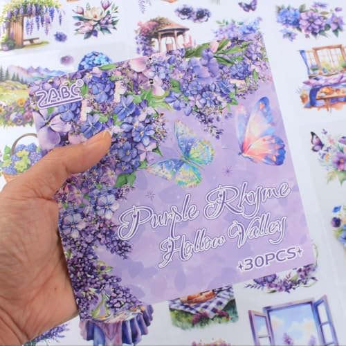 30 Sheets Precut Purple Garden Landscape Stickers Book for Junk Journal Supplies, Transparent PET Stickers for Journaling, Scrapbooking, Bujo, Collage, Card Making - color: The Purple Rhyme