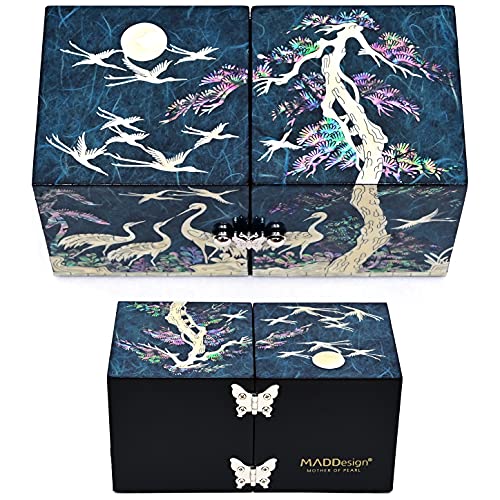 MADDesign Mother of Pearl Twin Cubes Jewelry Box Crane Pine Tree Blue - color: Blue