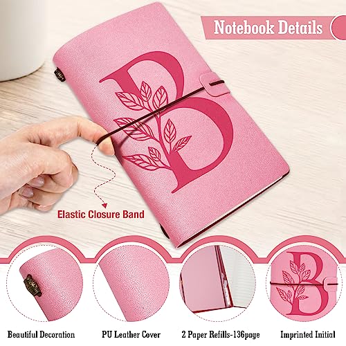 Personalized Journal Gift-Pink Initial Leather Journal+Heart Diamond Pen Set,Travel Notebook Diary Gifts,Refillable Notepads,Christmas,Birthday Gifts for Women Girls (7.9"x4.7") (B) - style: B