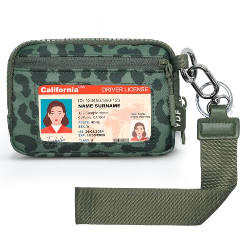 Small Wristlet Wallets for Women with Clear ID Window, Keychain Coin Purse - color: Sage Green Leopard