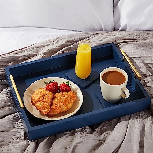Juvale Coffee Table Tray - 15.7 x 11.8 x 3 in, Blue, Rustic Wood - Serving Tray with Interchangeable Gold & Silver Handles for Coffee Table Decor & Ottoman Use with 2 Coasters - color: Blue