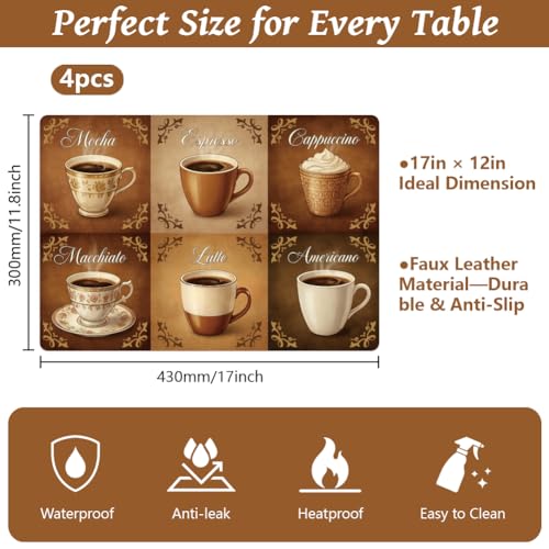 Peacoblue Placemats Set of 4,Faux Leather Coffee Design - style: Coffee