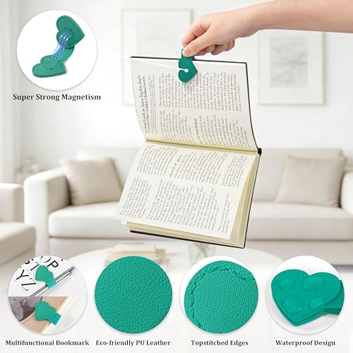 2Pcs Magnetic Leather Bookmarks with Pen Holder Gift Box, Heart-Shaped Magnetic Book Marks for Book Lover Readers Cute Leather Bookmark for Women Girls (Teal) - color: Teal