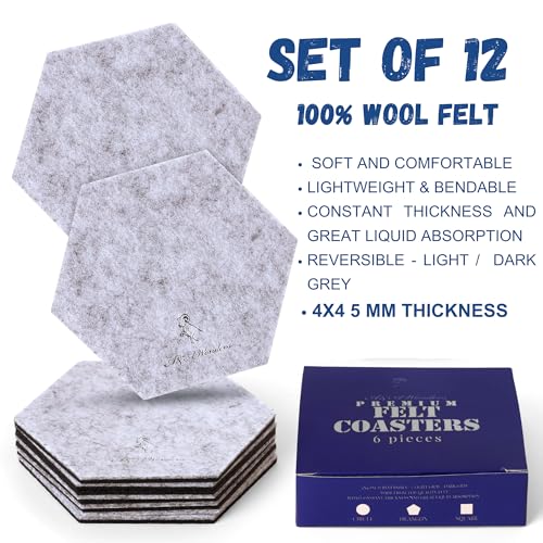 A&A Wonders Premium Felt Coasters for Drink, Two-Tone Reversible, Absorbent Felt Protects Furniture, Table, Anti Slip, Suitable for Drinks & All Table Types (Light Gray/Dark Gray, Hexagon 12 Pack) - color: Light Gray/Dark Gray, size: Hexagon 12 Pack