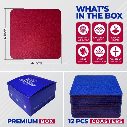 A&A Wonders Premium Felt Coasters for Drink, Two-Tone Reversible, Absorbent Felt Protects Furniture, Table, Anti Slip, Suitable for Drinks & All Table Types (Wine Red/Royal Blue, Square 12 Pack) - color: Wine Red/Royal Blue, size: Square 12 Pack