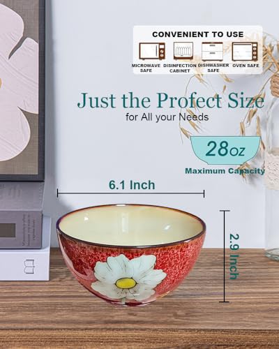Ceramic Cereal Bowl Set of 4 for Kitchen - 28oz Ramen Bowls for Soup, Oatmeal, Salad, Pasta - Floral Patterns Retro Bowls for Breakfast, Dinner - Dishwasher, Oven and Microwave Safe