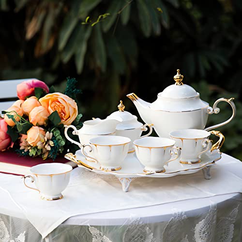 ACMLIFE Tea Sets for Adults Fine Bone China Tea Set for 6, Porcelain Teapot Sets for Adults 24K Gold, Afternoon Modern Cups and Saucers for Women Tea Party or Gifts Giving (White) - color: White