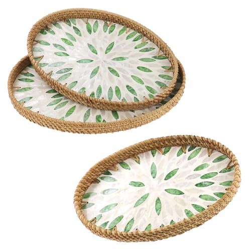 3 Pcs Oval Handwoven Rattan Mother of Pearl Inlay Serving Tray Home Decor