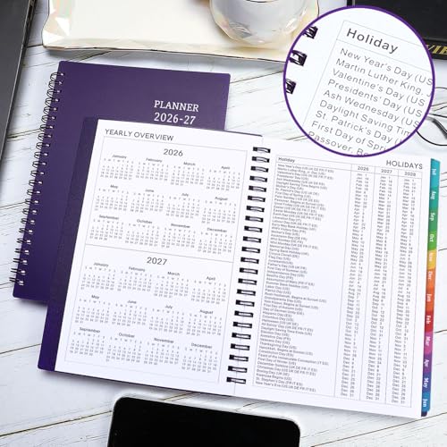 Planner 2026-2027 - July 2026 - June 2027, 2026-2027 Planner Weekly and Monthly, Academic Planner, Calendar Planner with Colorful Tabs, 6.25" × 8.3", Strong Twin-Wire Binding, Back Pocket, Holidays - color: Purple